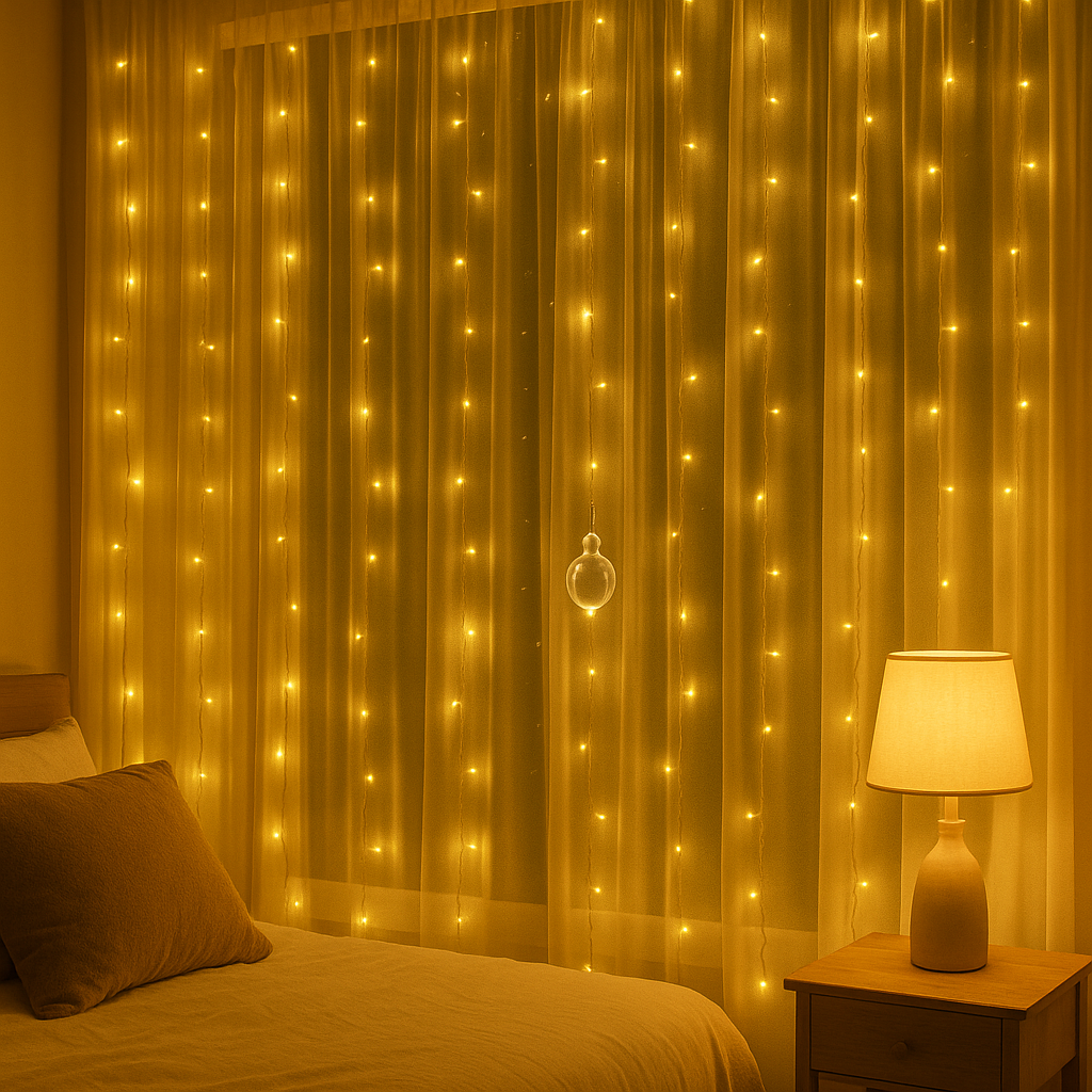 Tenda Luminosa LED 300 Luci 3x3 m con Telecomando, 8 Giochi di Luce, Cavo Silver, Alimentazione USB 5V, Ganci per Appenderla, Luce Calda, Fredda o Multicolor per Finestre, Pareti e Decorazioni Natalizie