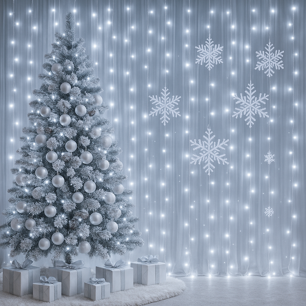 Tenda Luminosa LED 300 Luci 3x3 m con Telecomando, 8 Giochi di Luce, Cavo Silver, Alimentazione USB 5V, Ganci per Appenderla, Luce Calda, Fredda o Multicolor per Finestre, Pareti e Decorazioni Natalizie