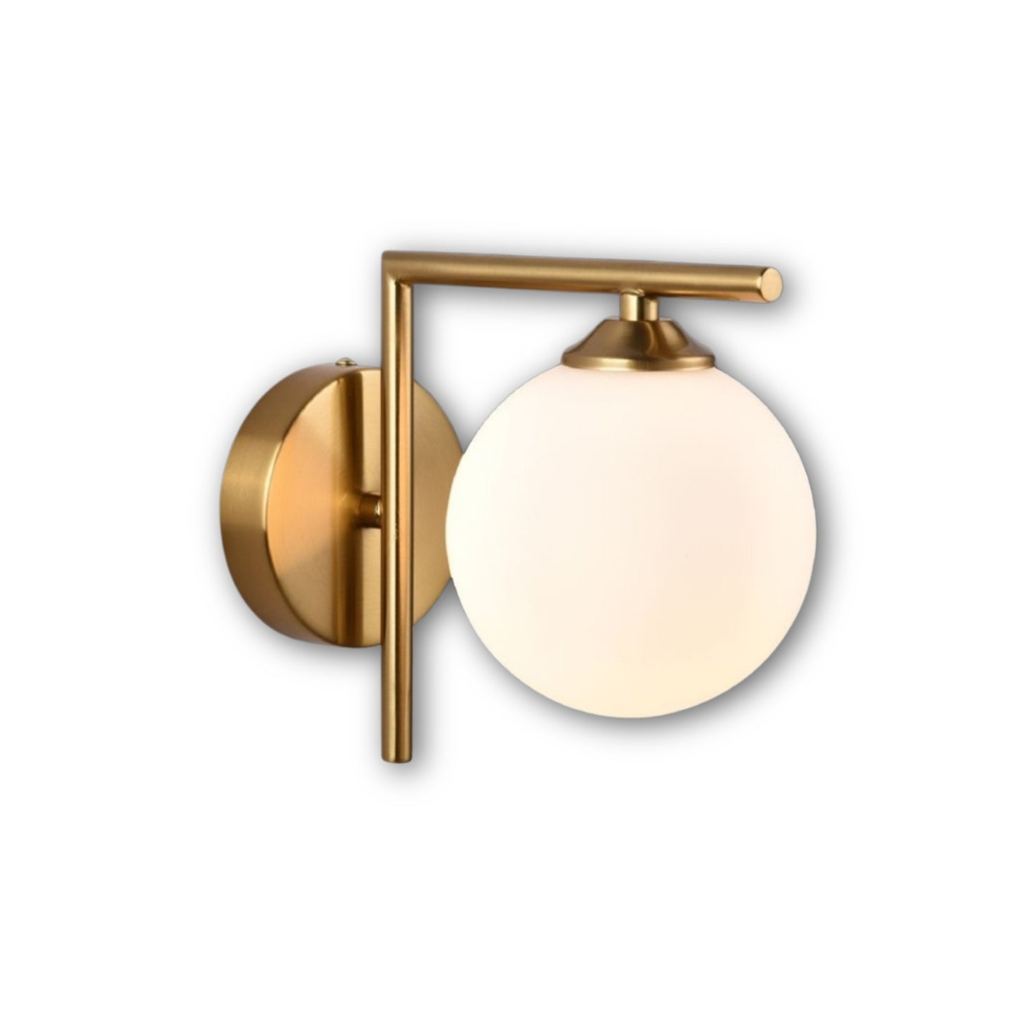Applique da parete moderna in metallo satinato oro, paralume sfera in vetro opalino, attacco G9, lampadina non inclusa