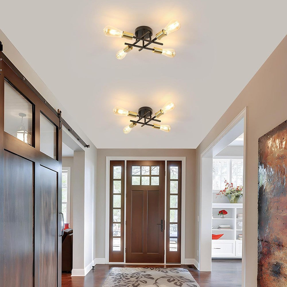 Plafoniera da Soffitto Moderna in Metallo Nero e Oro, Attacco E27, Design Industriale, 4 Portalampada, IP20, 220V (senza lampadine)