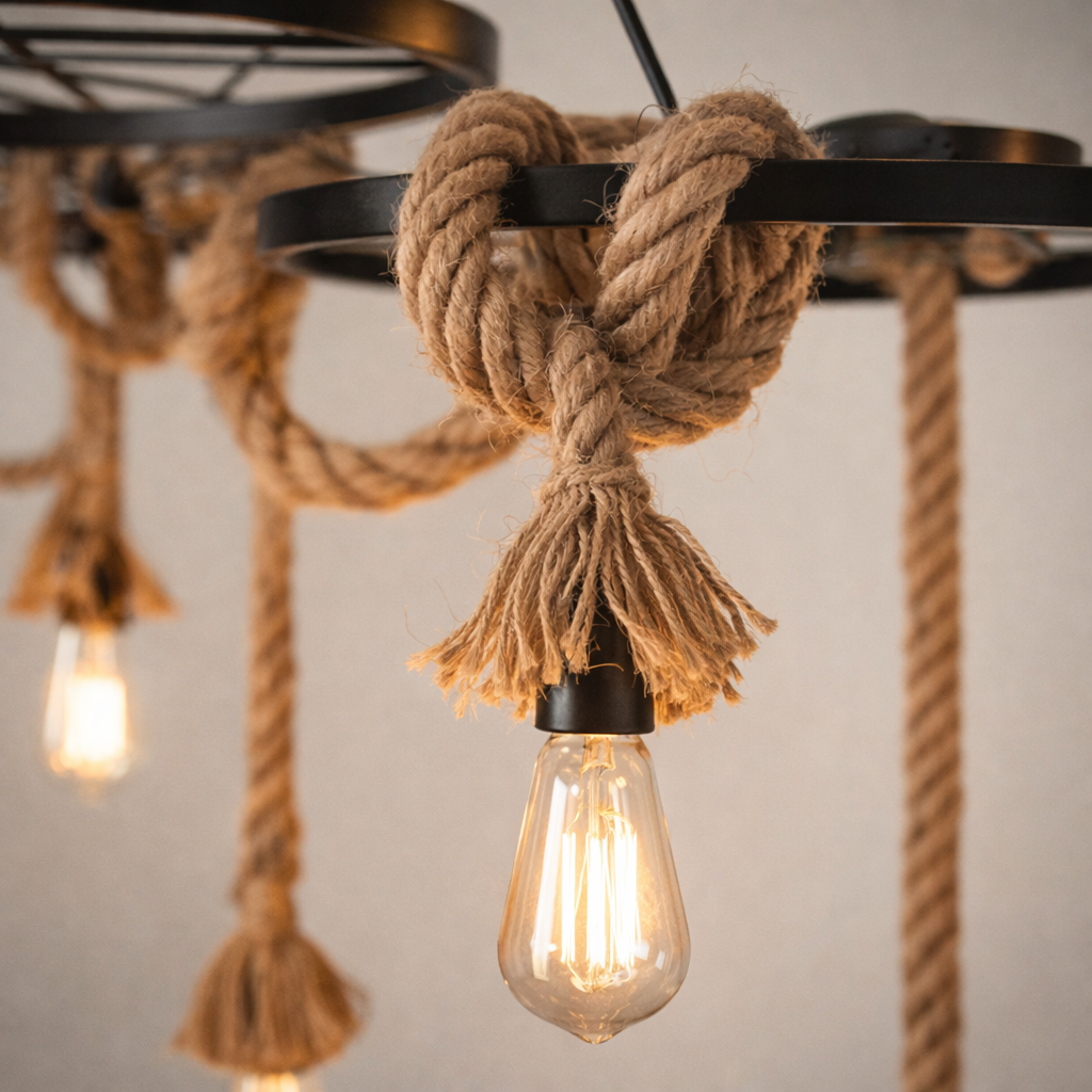 Lampadario Rustico Industriale a Sospensione 6 Luci con Corde in Canapa Attacco E27 Struttura in Metallo Nero Stile Vintage per Soggiorno Sala da Pranzo Locale
