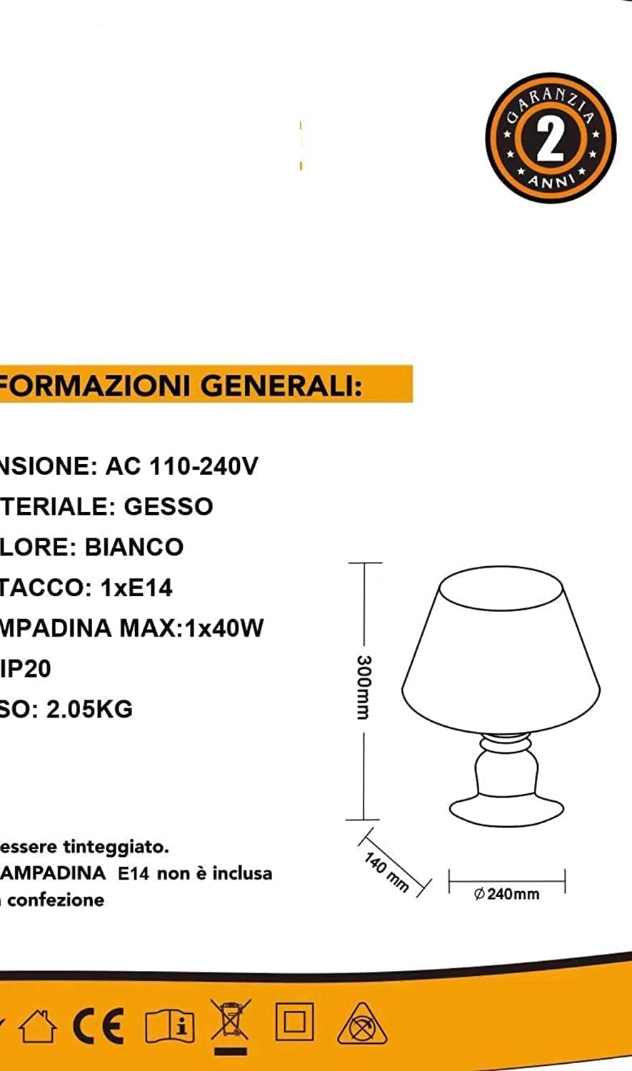 Applique da Parete in Gesso Verniciabile Bianco, Design a Forma di Lampada da Tavolo, Attacco E14, 30x12x14 cm, Stile Moderno per Interni Casa e Locali