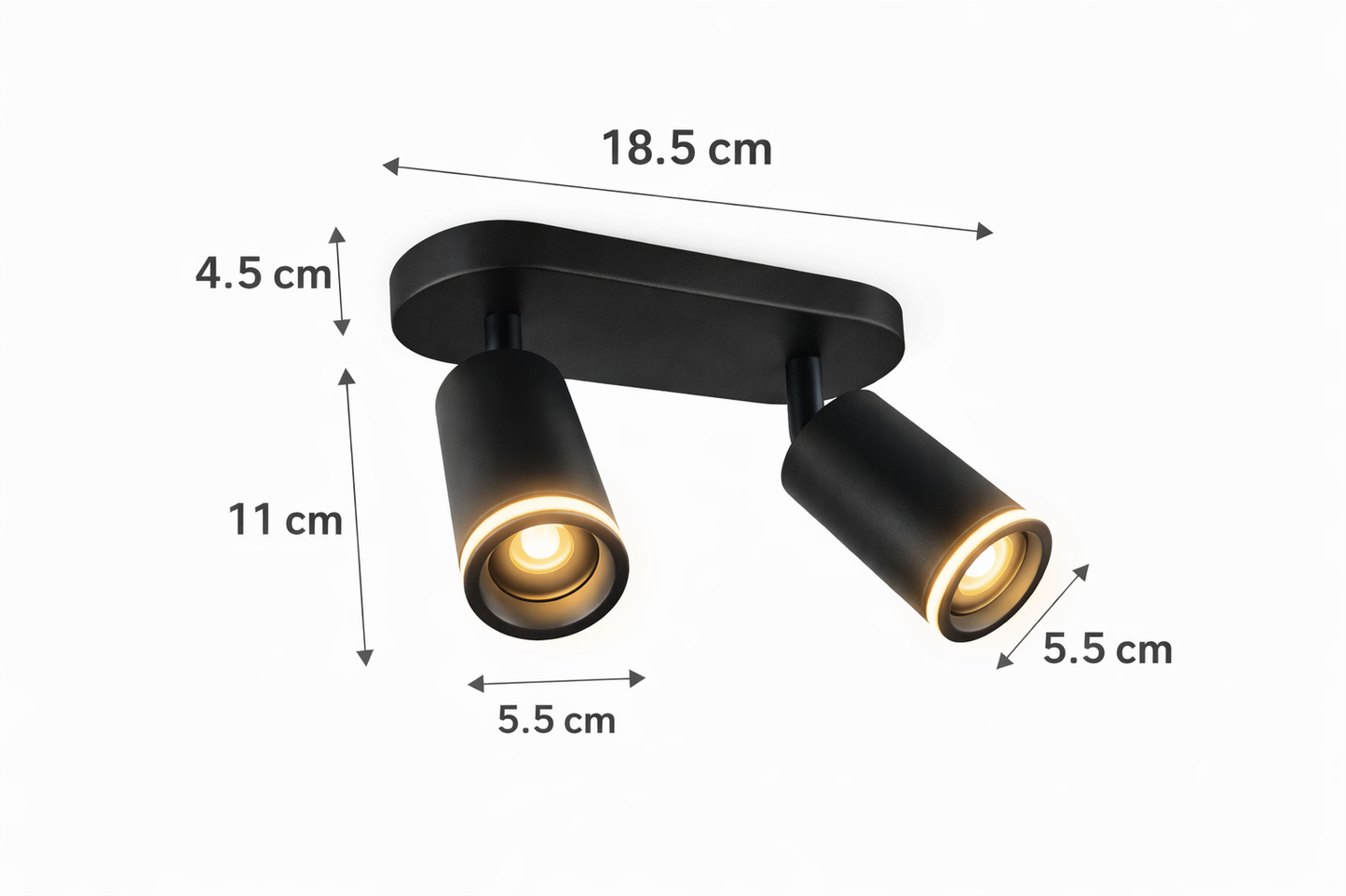 Faretto a Soffitto 2 Luci Orientabili GU10 in Alluminio Nero, Plafoniera Spot Doppio Cilindrico per Interno, Portalampada GU10 per Cucina Corridoio Camera Soggiorno, Lampadine non incluse