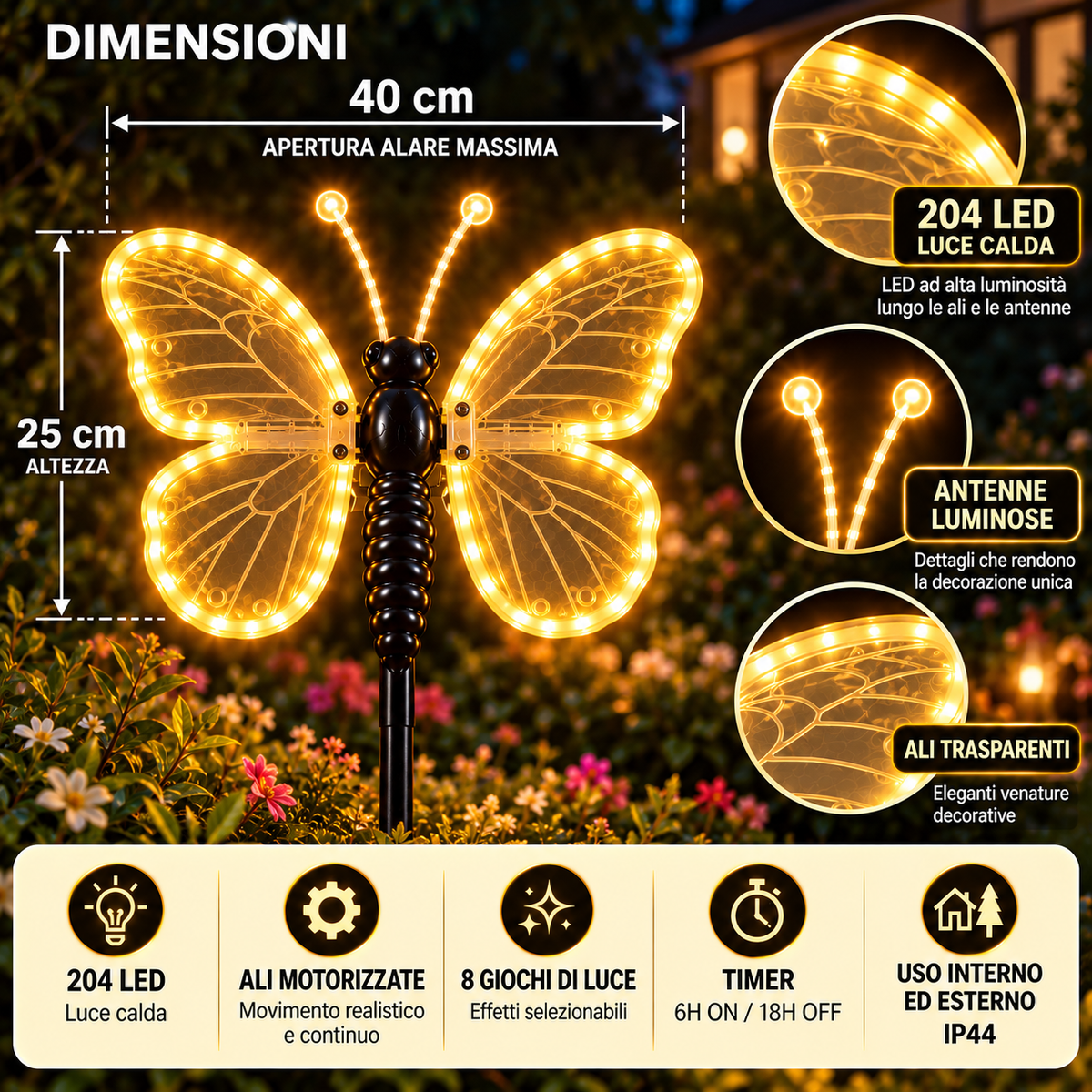 Farfalla LED Natalizia Luce Calda 40 cm con Ali Motorizzate – 204 LED – IP44