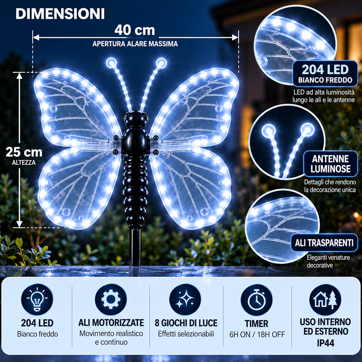 Farfalla LED Natalizia Luce Fredda 40 cm con Ali Motorizzate – 204 LED – IP44