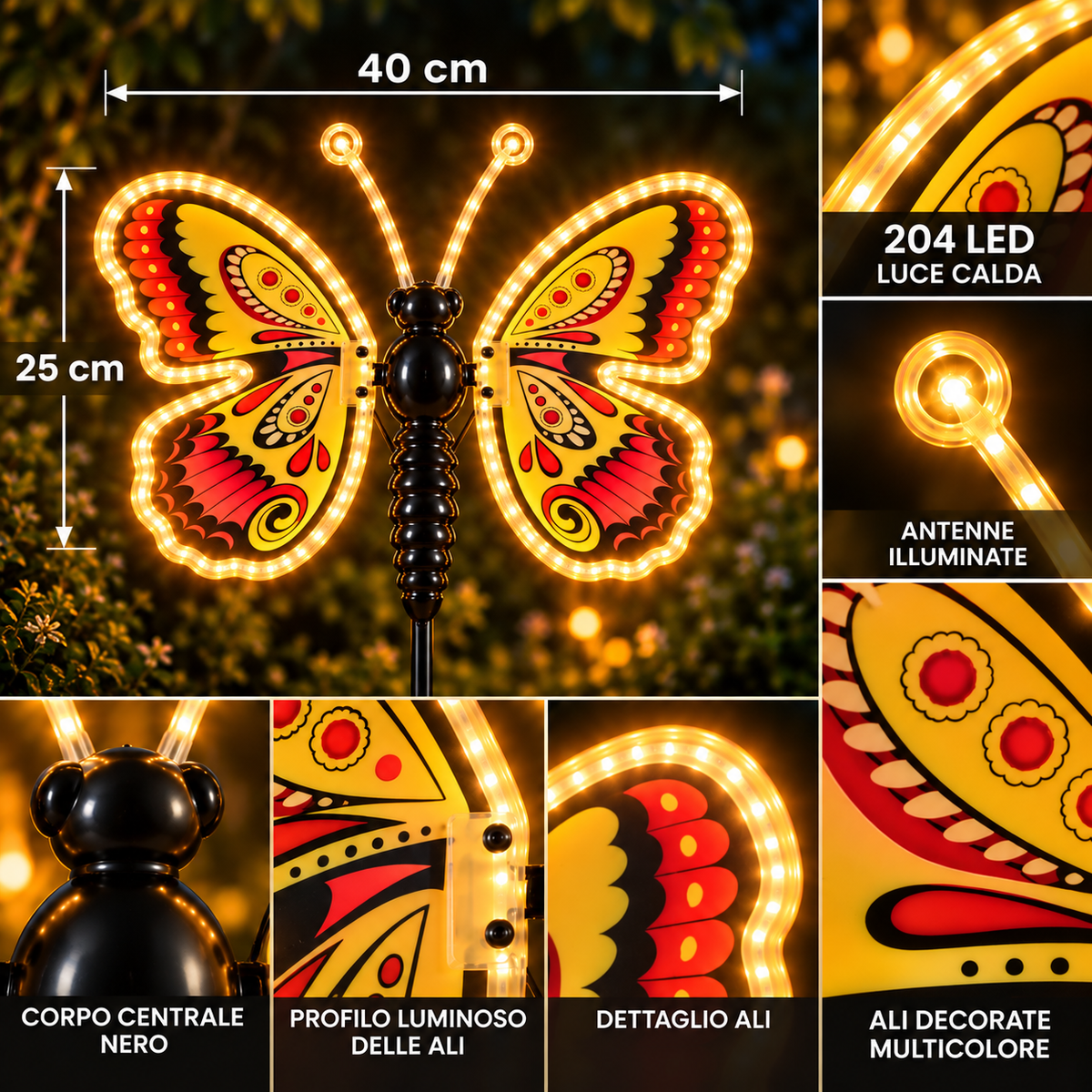 Farfalla LED Colorata 40 cm con Ali Motorizzate – 204 LED Luce Calda IP44