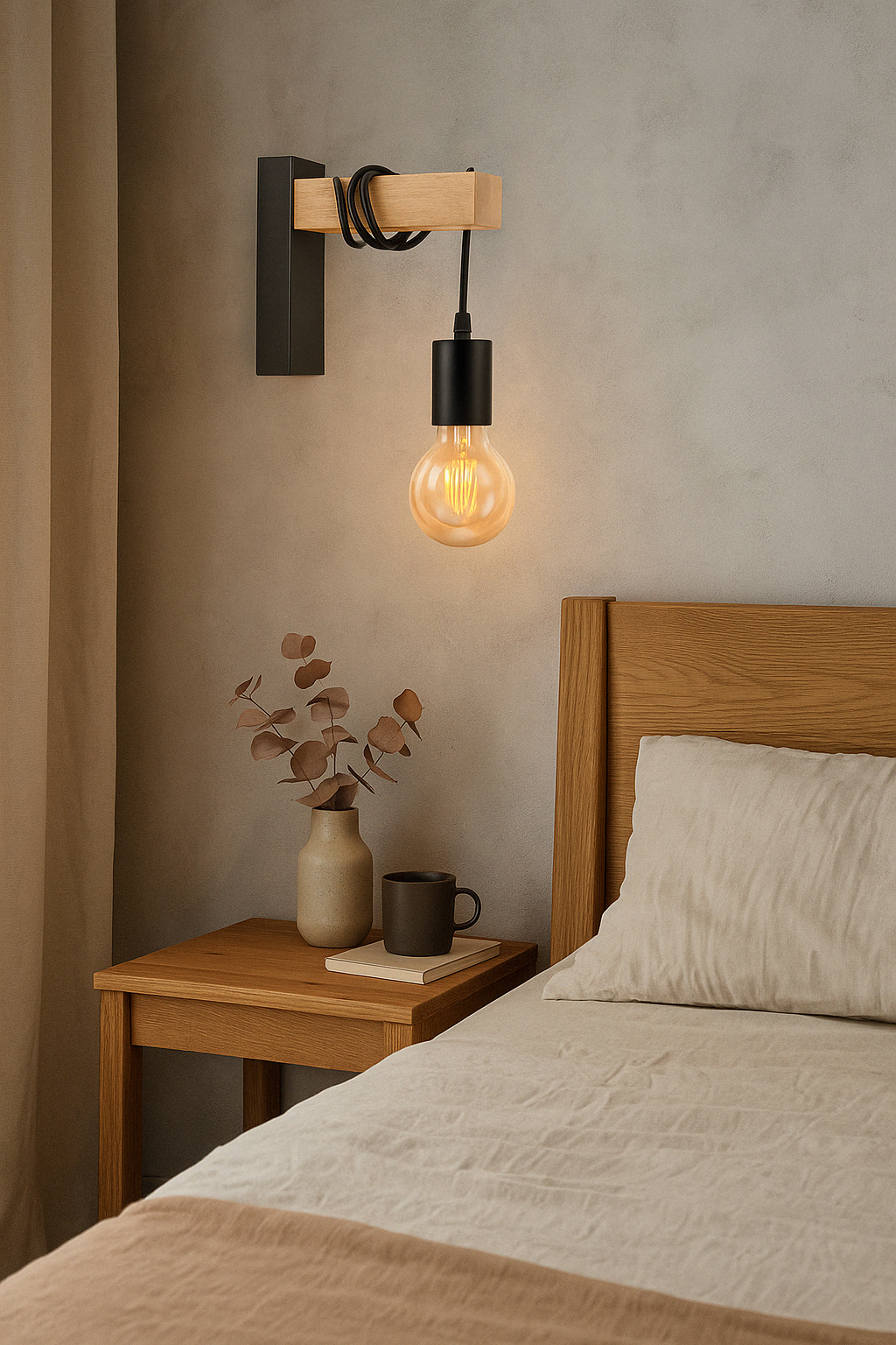 Applique Lampada da Parete Nera in Metallo, Design Industriale con Dettagli in Legno, Ideale per Interni, Attacco E27