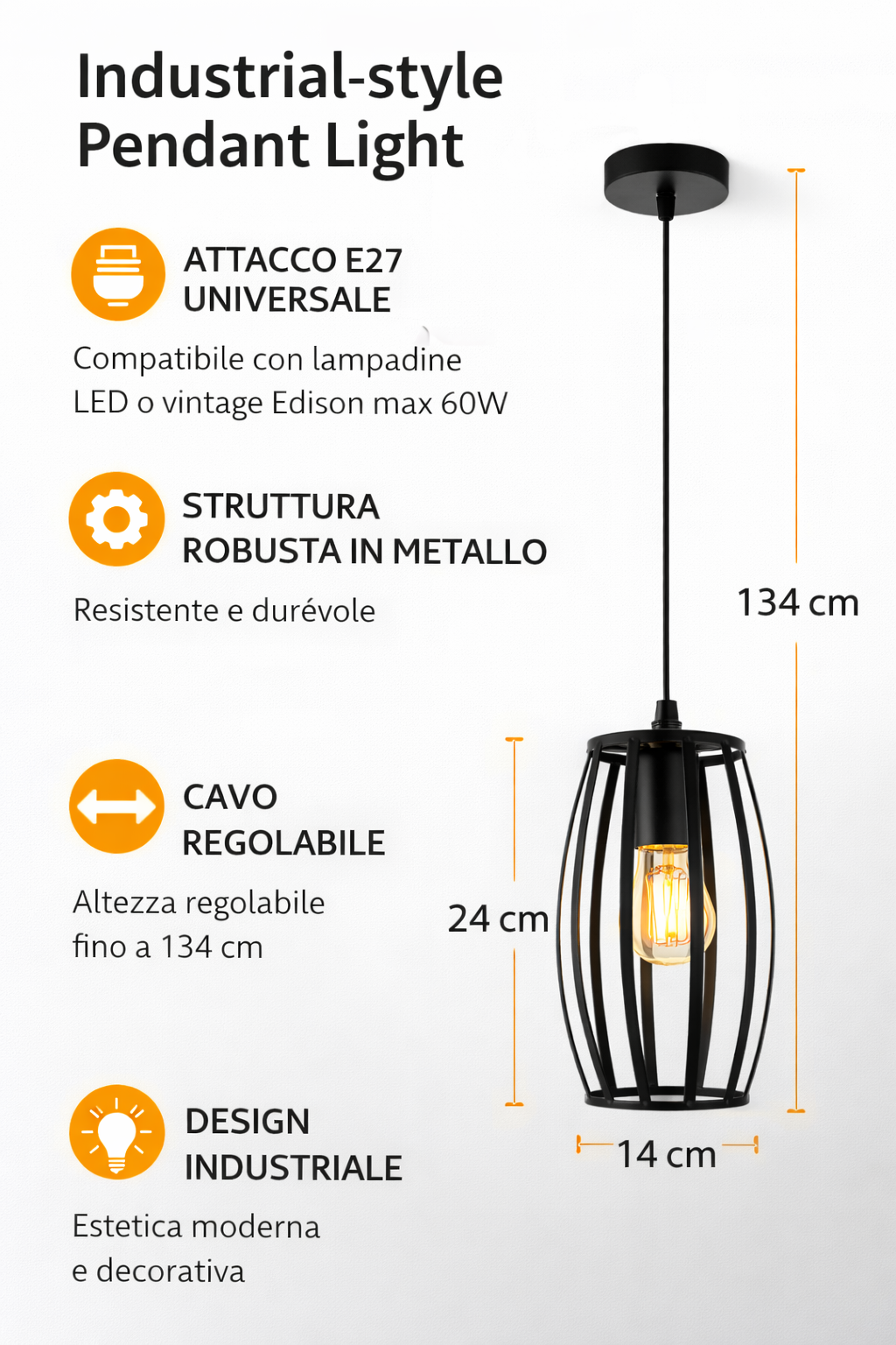Lampadario Industriale a Sospensione E27 Nero in Metallo, Gabbia Vintage, Lampada a Soffitto per Cucina Isola Soggiorno Ristorante, Lampadina Non Inclusa