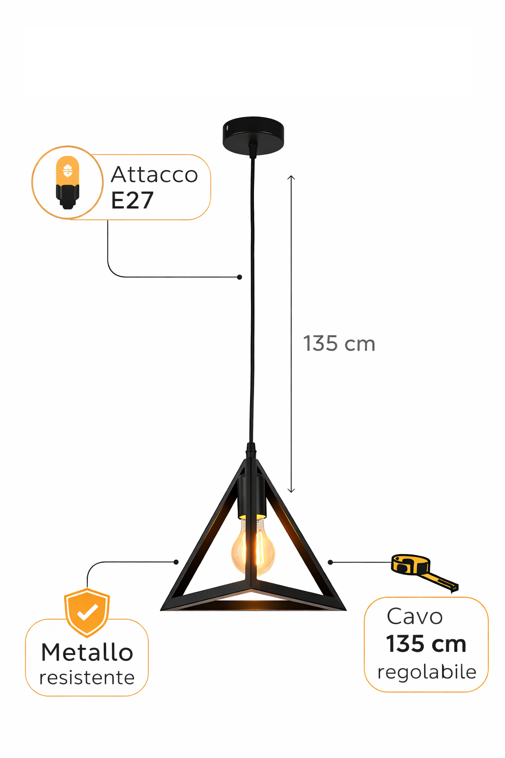 Lampadario a Sospensione E27 in Metallo Nero Design Geometrico Moderno Stile Industriale, Lampada a Soffitto per Cucina Soggiorno Camera
