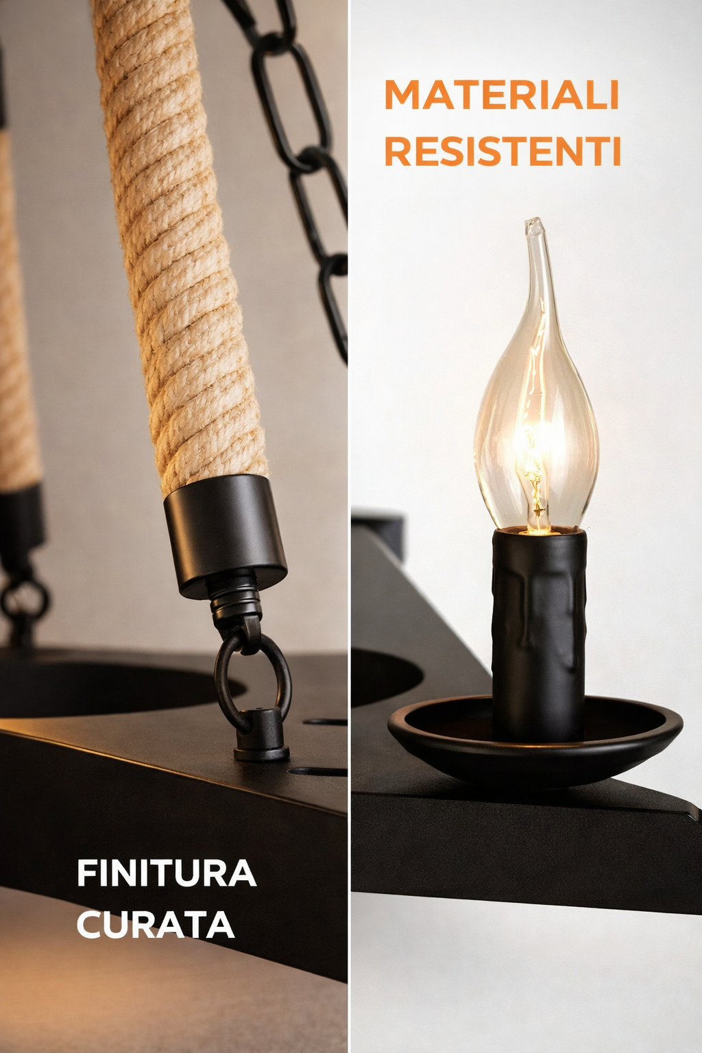 Lampadario Industriale a Sospensione Stella 5 Luci E14 in Metallo Nero con Corde in Canapa Stile Vintage Rustico per Soggiorno Sala da Pranzo Loft