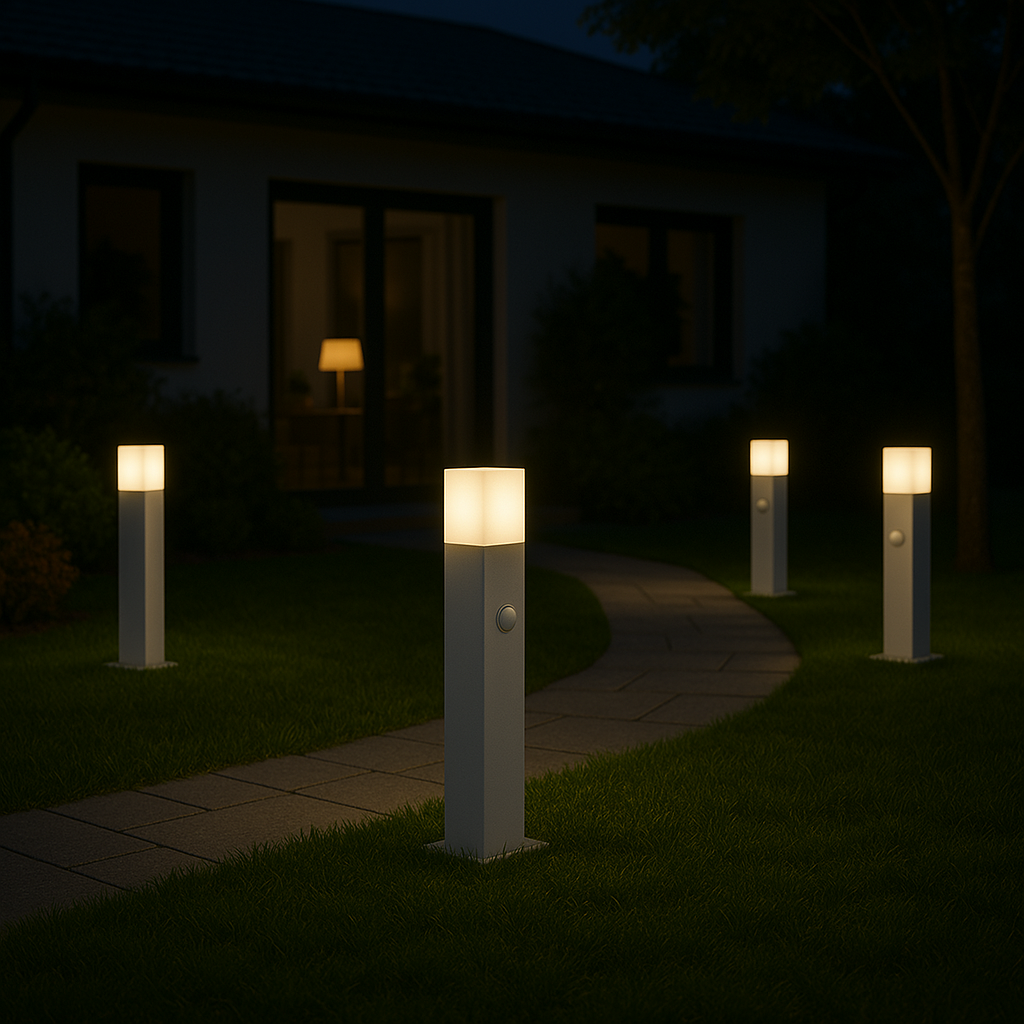 Paletto luminoso da giardino con sensore di movimento, attacco E27, IP44, alluminio e diffusore acrilico, lampione per esterni