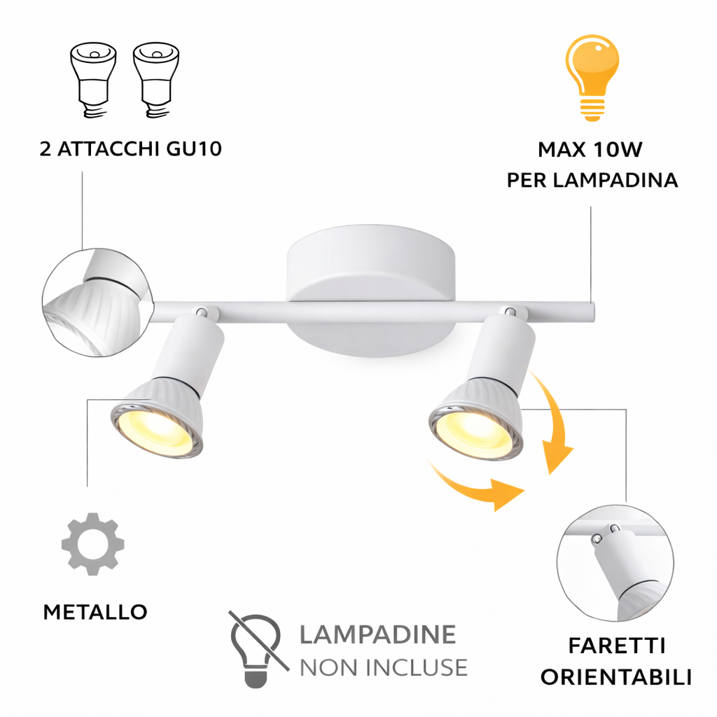 Faretto Soffitto 2 Luci GU10 Orientabili in Metallo, Plafoniera Spot Direzionabili, Lampada da Soffitto Moderna per Corridoio Cucina Soggiorno, Bianco, Lampadine Non Incluse