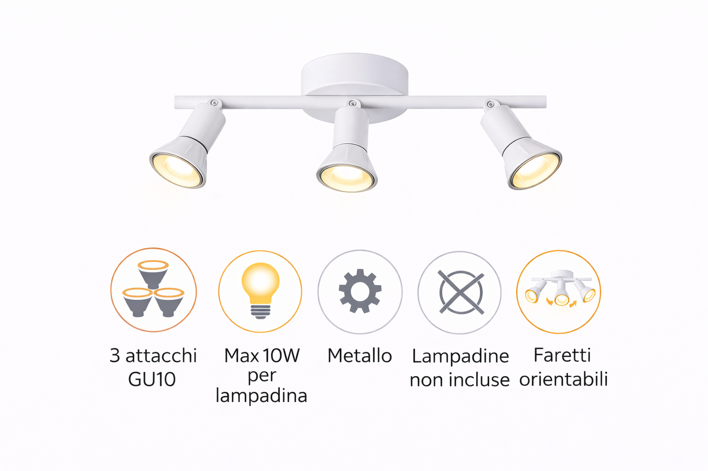 Faretto Soffitto 3 Luci GU10 Orientabili in Metallo, Plafoniera Spot Direzionabili, Lampada da Soffitto Moderna per Corridoio Cucina Soggiorno, Bianco, Lampadine Non Incluse