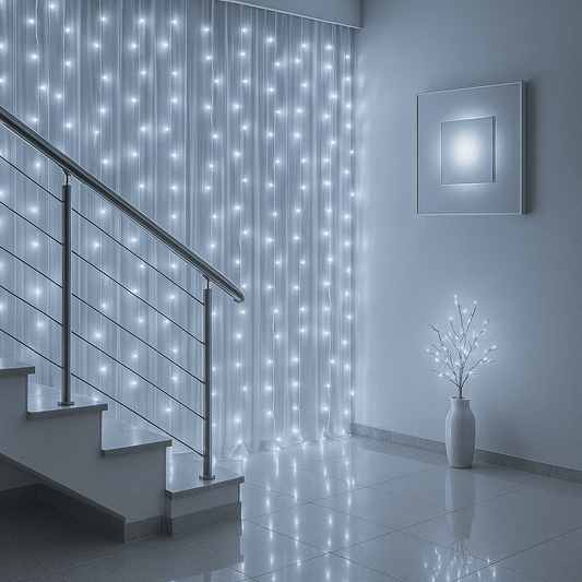 Tenda Luminosa LED 300 Luci 3x3 m con Telecomando, 8 Giochi di Luce, Cavo Silver, Alimentazione USB 5V, Ganci per Appenderla, Luce Calda, Fredda o Multicolor per Finestre, Pareti e Decorazioni Natalizie