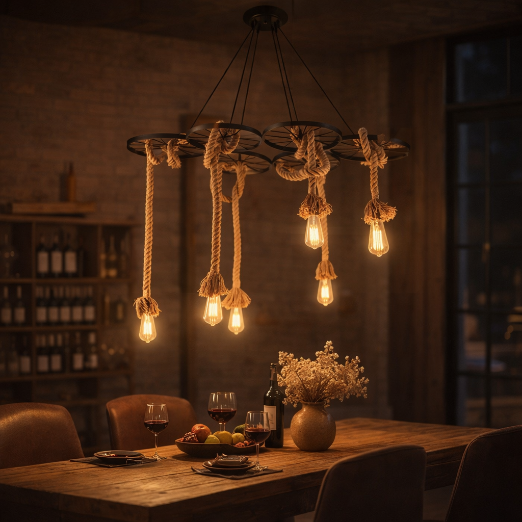 Lampadario Rustico Industriale a Sospensione 6 Luci con Corde in Canapa Attacco E27 Struttura in Metallo Nero Stile Vintage per Soggiorno Sala da Pranzo Locale