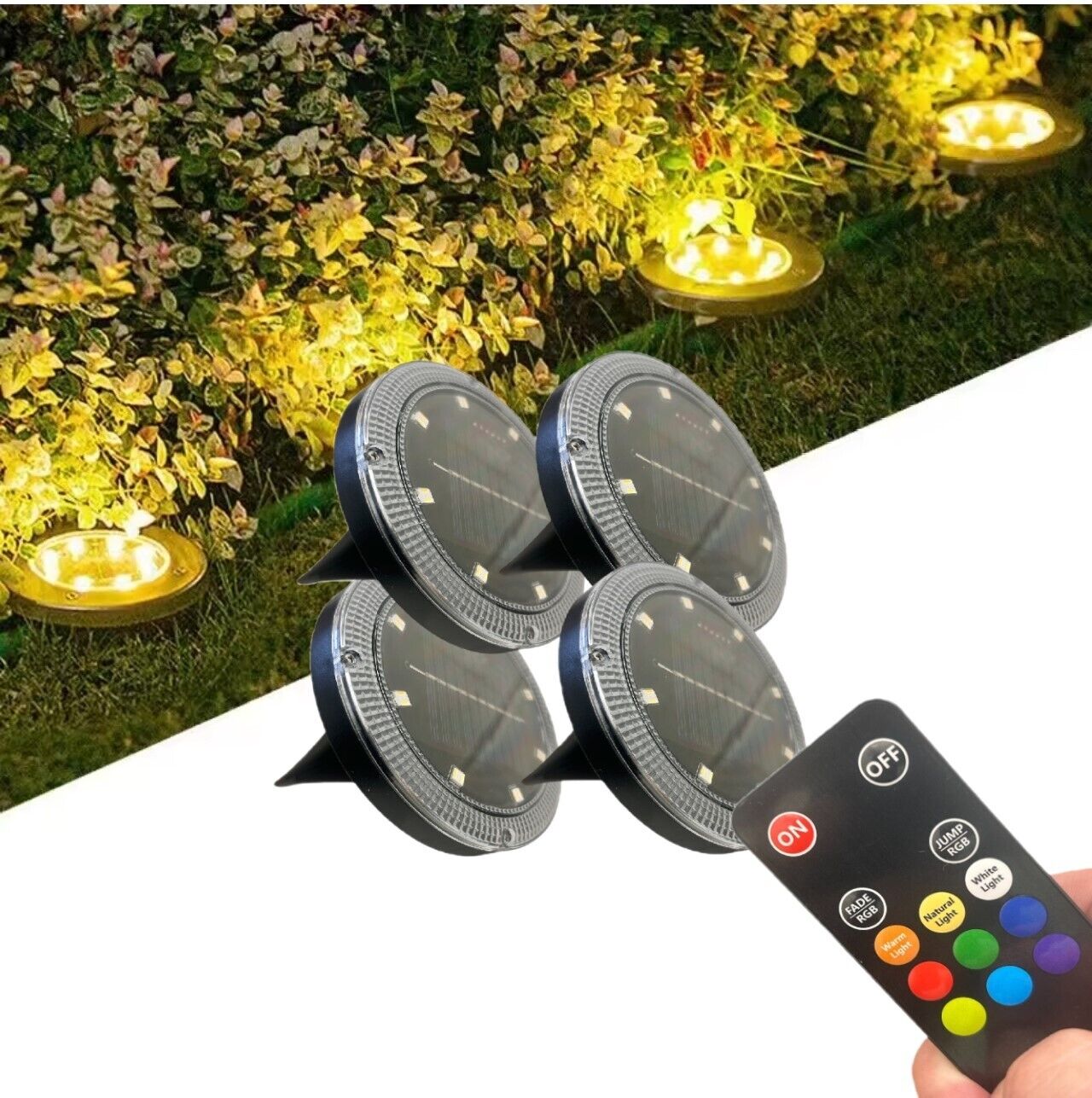 Kit 4 Faretti Solari LED RGBWW da Giardino IP65 con Telecomando – 11 Modalità, 8 LED, Ricarica Solare, Luce Calda, Naturale, Fredda e Colori RGB