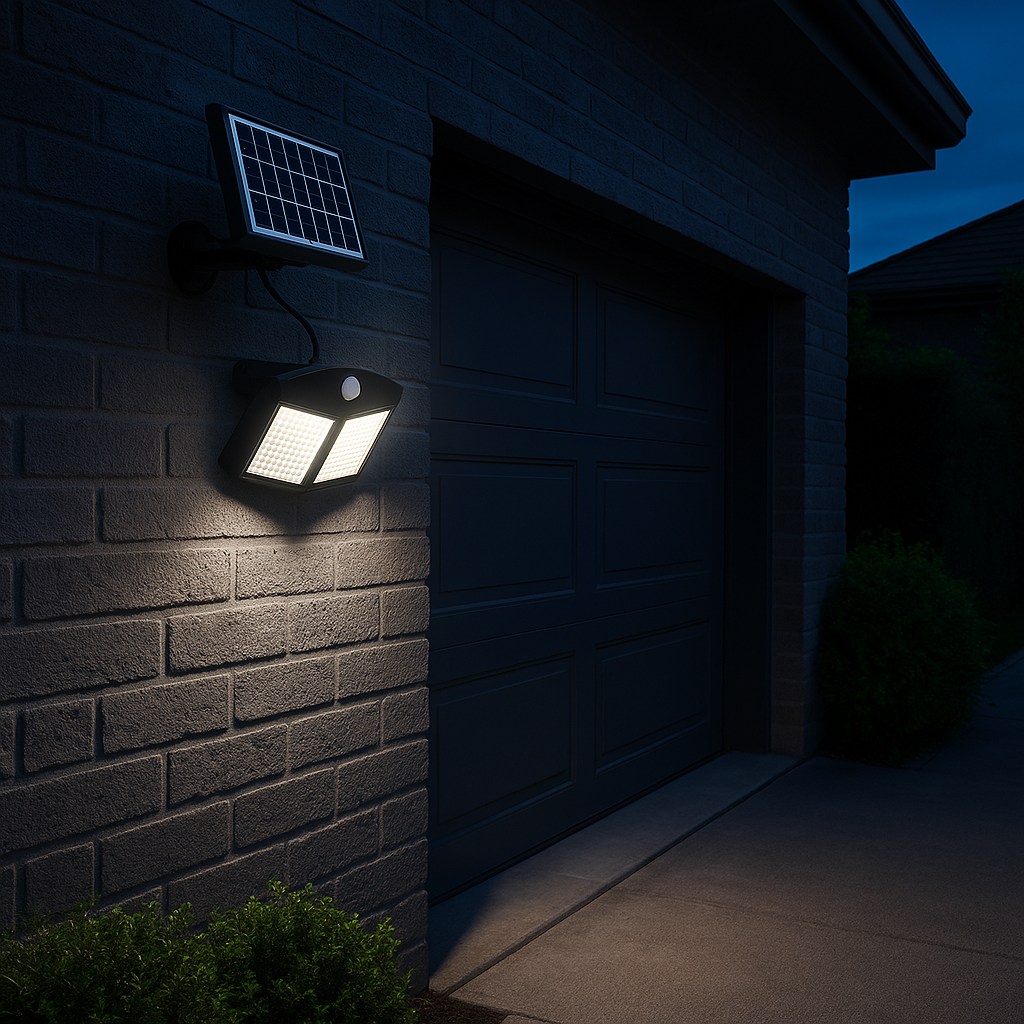 Faretto LED Solare da Esterno con Sensore di Movimento, 288 LED, Luce Fredda 6500K, IP65 Impermeabile, con Pannello Solare Separato e Cavo da 5m, Ricarica Solare Automatica