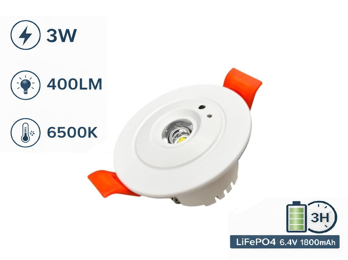 Faretto LED Emergenza da Incasso 3W 400LM COB 6500K Luce Fredda, Batteria 1800mAh, Autonomia 3 Ore, Driver Emergenza Integrato, Lampada Soffitto per Corridoi Scale Uffici
