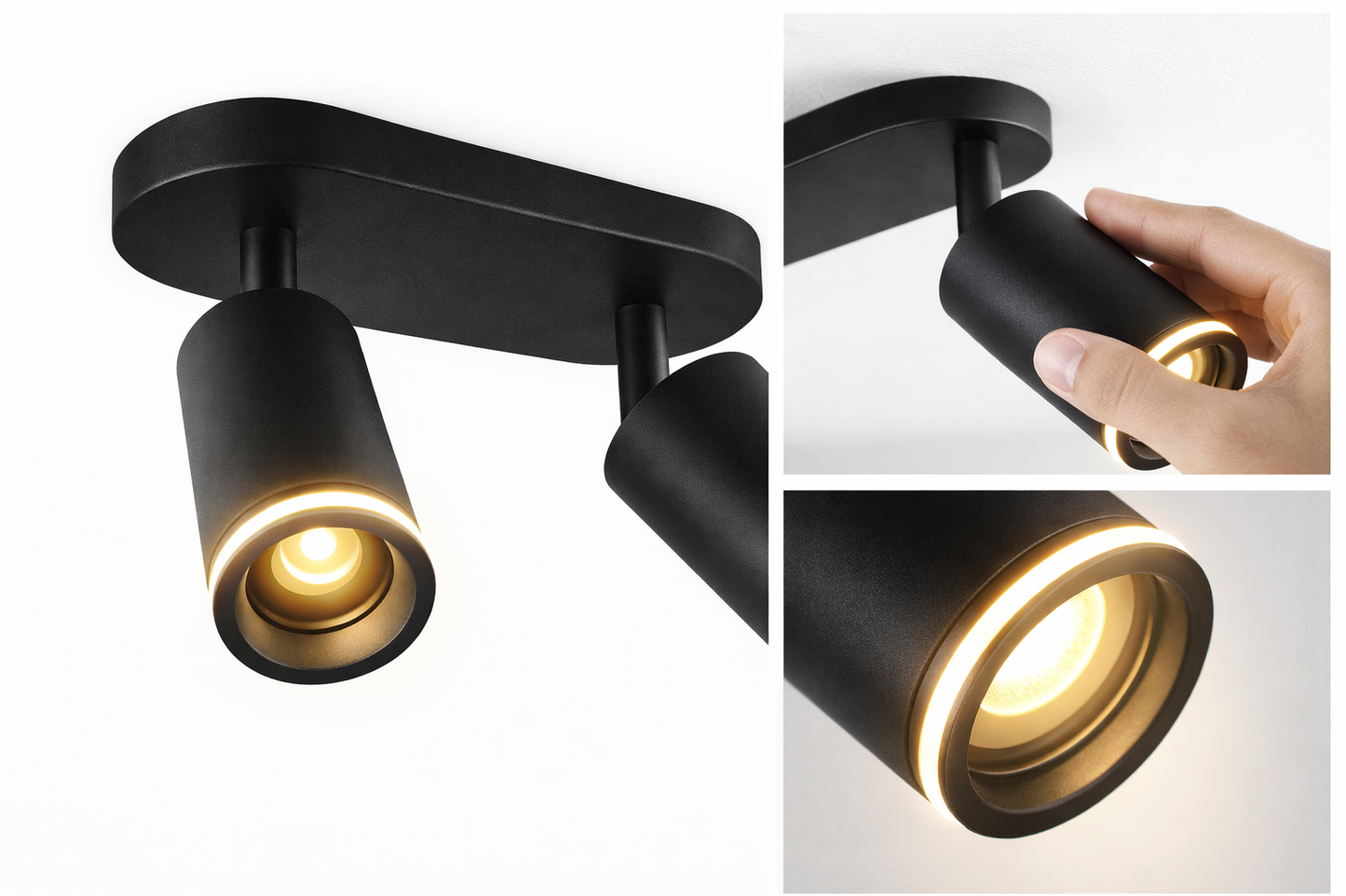 Faretto a Soffitto 2 Luci Orientabili GU10 in Alluminio Nero, Plafoniera Spot Doppio Cilindrico per Interno, Portalampada GU10 per Cucina Corridoio Camera Soggiorno, Lampadine non incluse