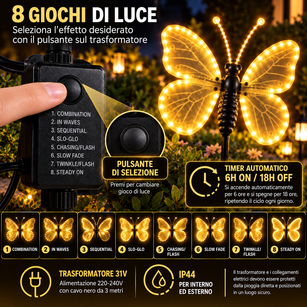 Farfalla LED Natalizia Luce Calda 40 cm con Ali Motorizzate – 204 LED – IP44