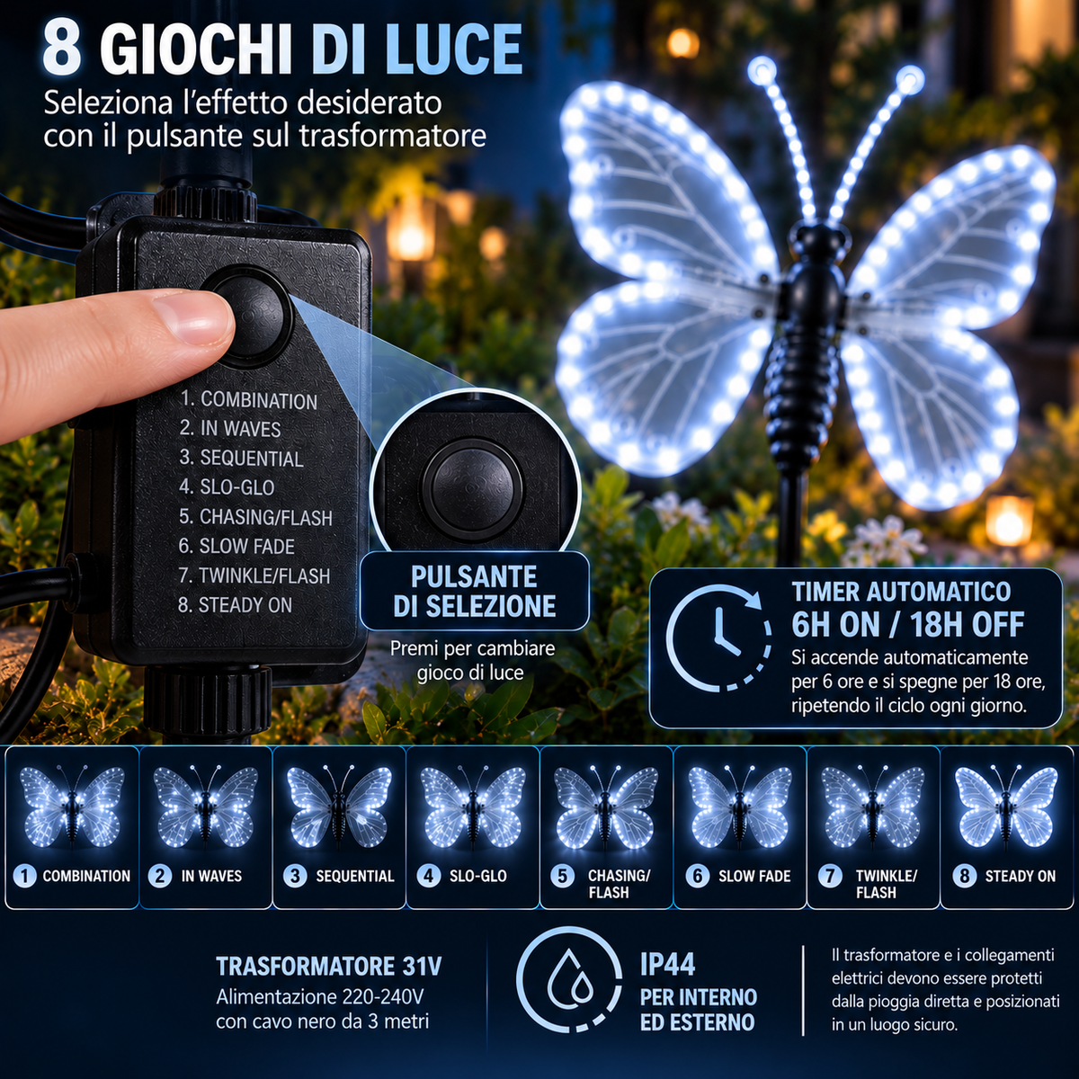 Farfalla LED Natalizia Luce Fredda 40 cm con Ali Motorizzate – 204 LED – IP44