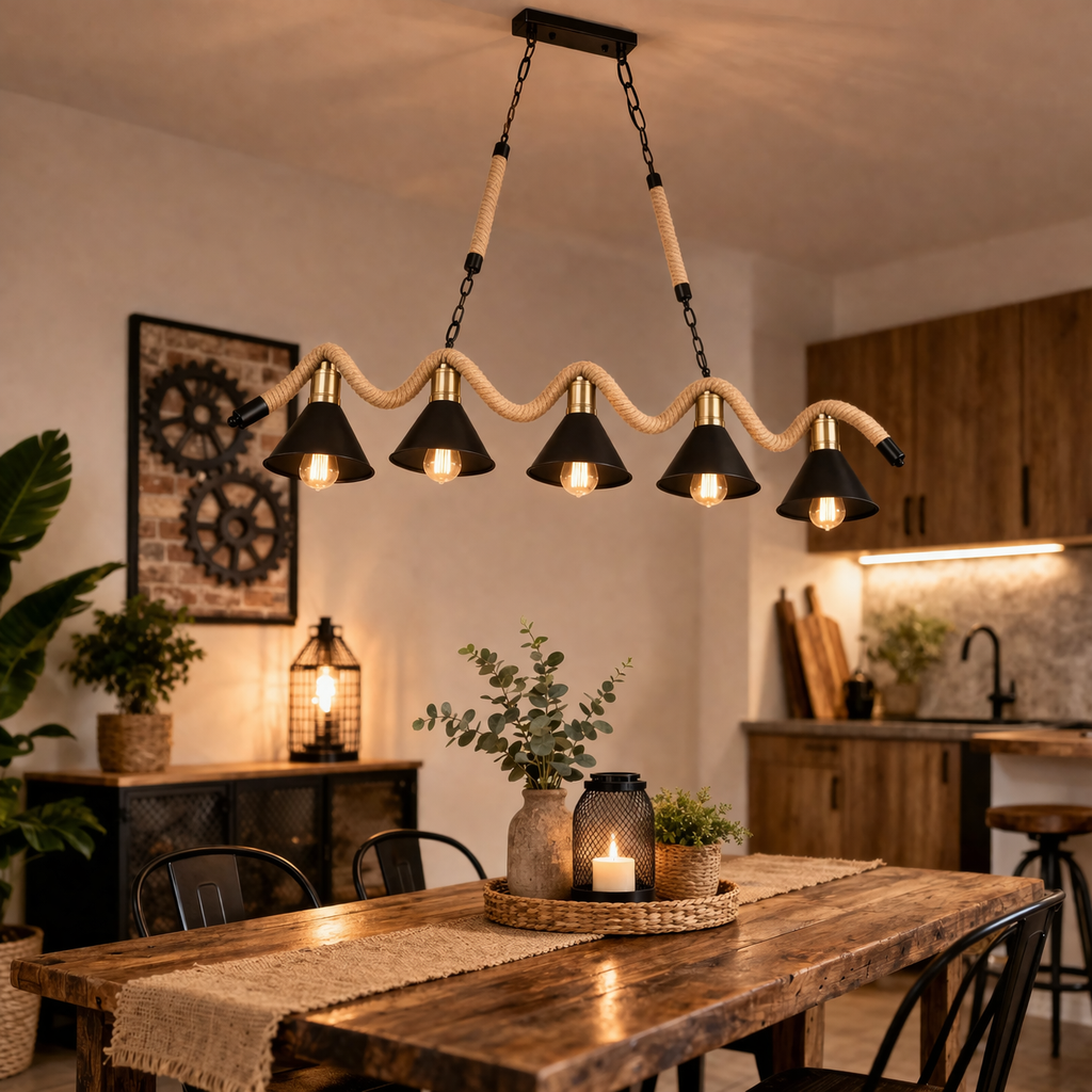 Lampadario a Sospensione 5 Luci Stile Industriale con Corda in Canapa, Attacco E27 (lampadine non incluse), Paralumi Metallo Nero e Ottone, Lampadario Rustico per Cucina Sala da Pranzo Pub