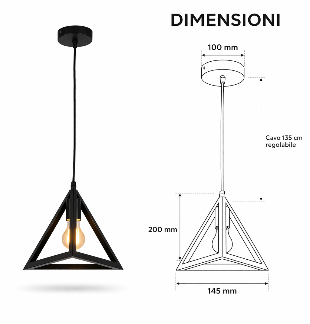 Lampadario a Sospensione E27 in Metallo Nero Design Geometrico Moderno Stile Industriale, Lampada a Soffitto per Cucina Soggiorno Camera