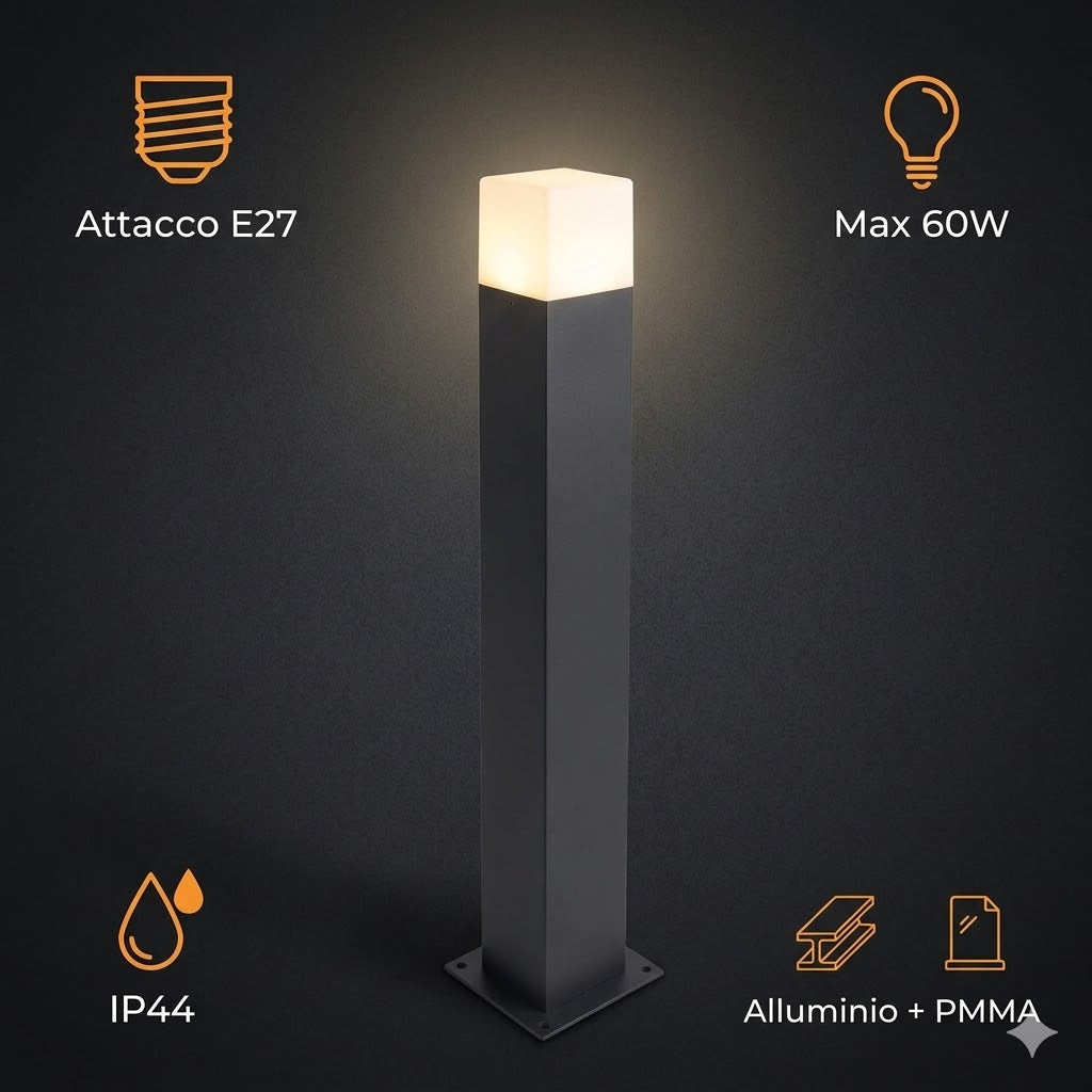 Lampioncino da Giardino E27 Nero 74 cm Paletto Luce Esterno Moderno per Vialetti e Ingressi Attacco E27 Alluminio Diffusore Opaco IP44