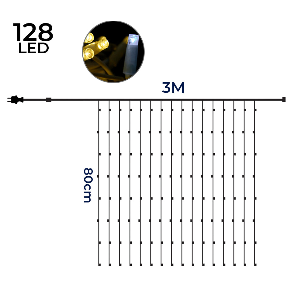 Tenda Luminosa Natalizia 3x0,8m 128 LED Maxiled – 100 Luce Calda + 28 Flash Fredda, Prolungabile fino a 12m, 220V IP44 con Spina Schuko per Esterno