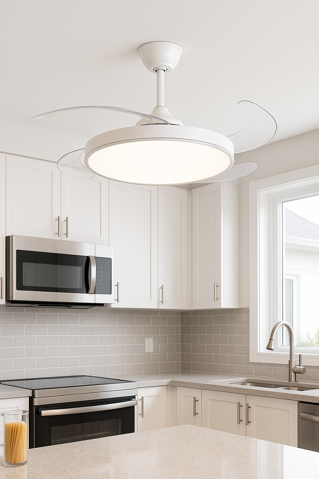 Ventilatore da soffitto con lampada LED integrata 40W dimmerabile con telecomando, pale retrattili invisibili, 6 velocità, funzione estate/inverno, luce calda, naturale, fredda, design moderno