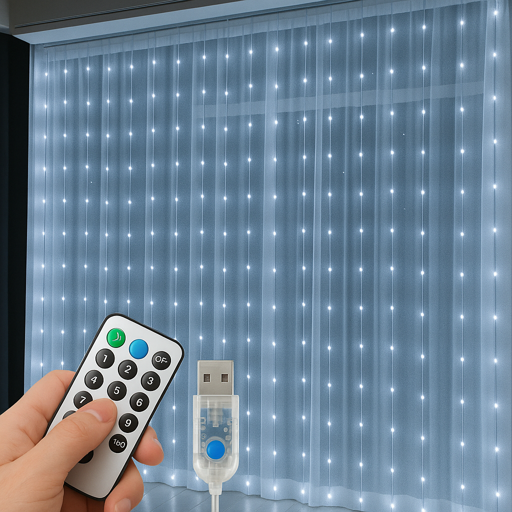 Tenda Luminosa LED 300 Luci 3x3 m con Telecomando, 8 Giochi di Luce, Cavo Silver, Alimentazione USB 5V, Ganci per Appenderla, Luce Calda, Fredda o Multicolor per Finestre, Pareti e Decorazioni Natalizie