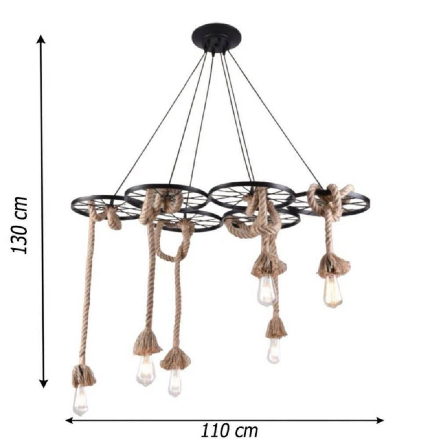 Lampadario Rustico Industriale a Sospensione 6 Luci con Corde in Canapa Attacco E27 Struttura in Metallo Nero Stile Vintage per Soggiorno Sala da Pranzo Locale