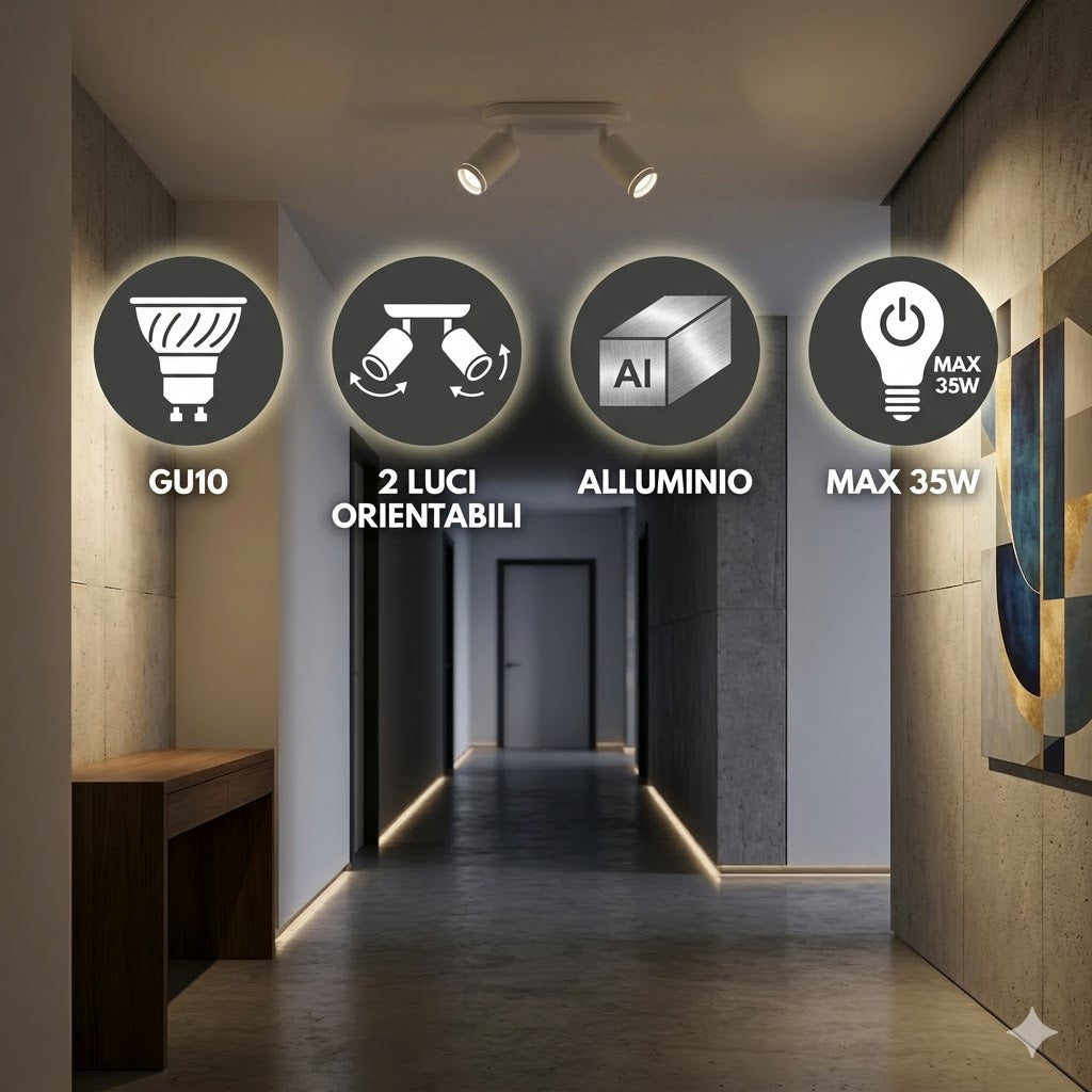 Faretto a Soffitto 2 Luci Orientabili GU10 in Alluminio Bianco, Plafoniera Spot Doppio Cilindrico per Interno, Portalampada GU10 per Cucina Corridoio Camera Soggiorno, Lampadine non incluse (Copia)