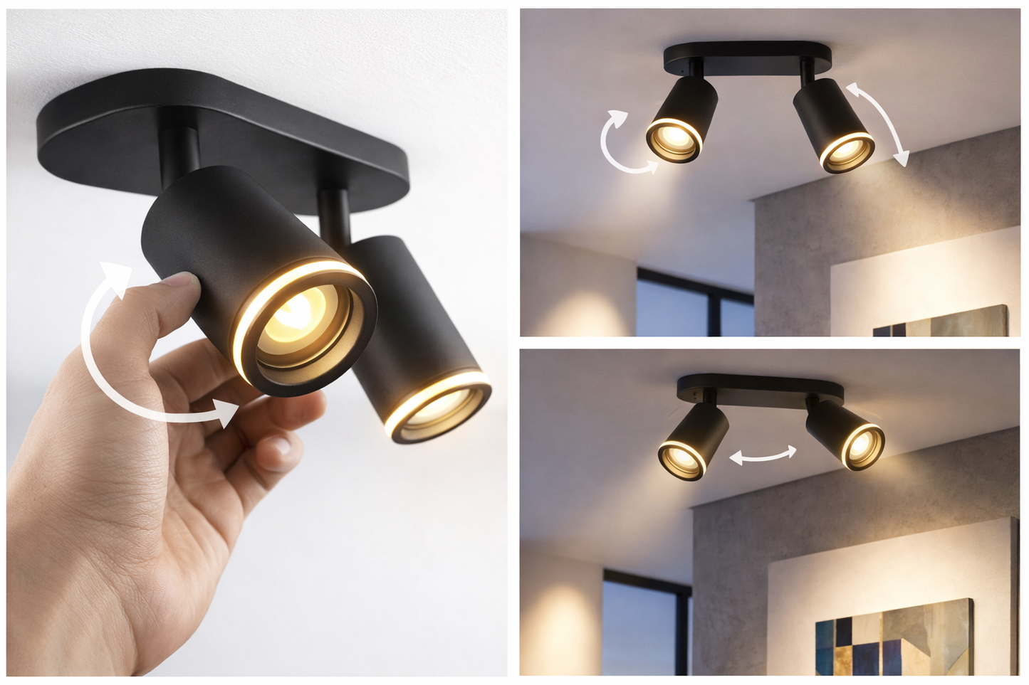 Faretto a Soffitto 2 Luci Orientabili GU10 in Alluminio Nero, Plafoniera Spot Doppio Cilindrico per Interno, Portalampada GU10 per Cucina Corridoio Camera Soggiorno, Lampadine non incluse
