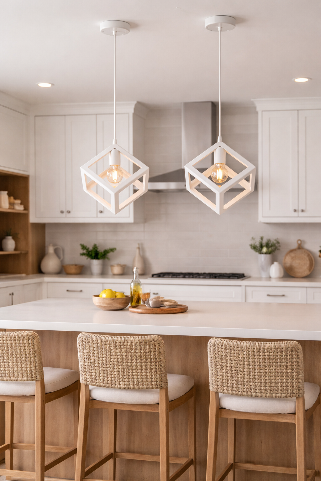 Lampadario Cubo Geometrico a Sospensione Bianco Attacco E27 Lampada Industrial Moderna Metallo per Cucina Tavolo Soggiorno Ristorante