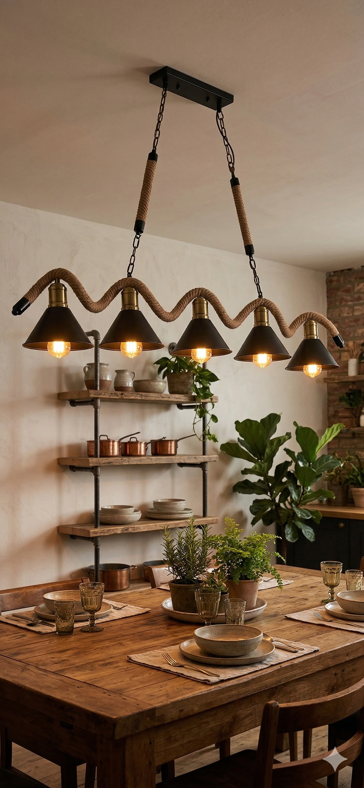 Lampadario a Sospensione 5 Luci Stile Industriale con Corda in Canapa, Attacco E27 (lampadine non incluse), Paralumi Metallo Nero e Ottone, Lampadario Rustico per Cucina Sala da Pranzo Pub