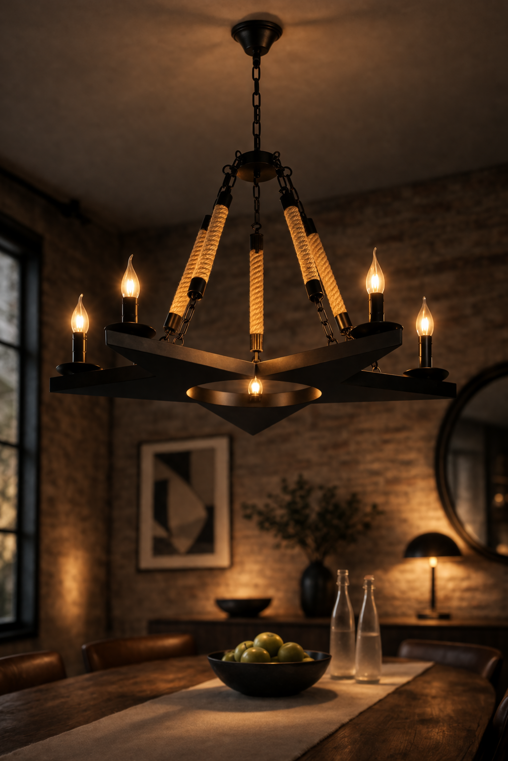 Lampadario Industriale a Sospensione Stella 5 Luci E14 in Metallo Nero con Corde in Canapa Stile Vintage Rustico per Soggiorno Sala da Pranzo Loft