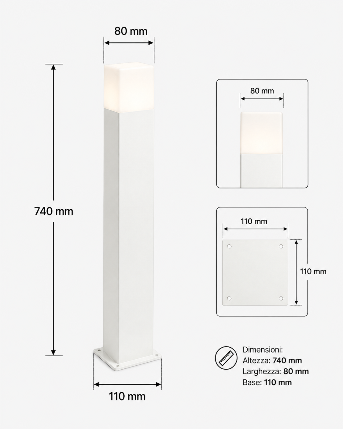 Lampioncino da Giardino E27 Bianco 74 cm Paletto Luce Esterno Moderno per Vialetti e Ingressi Attacco E27 Alluminio Diffusore Opaco IP44