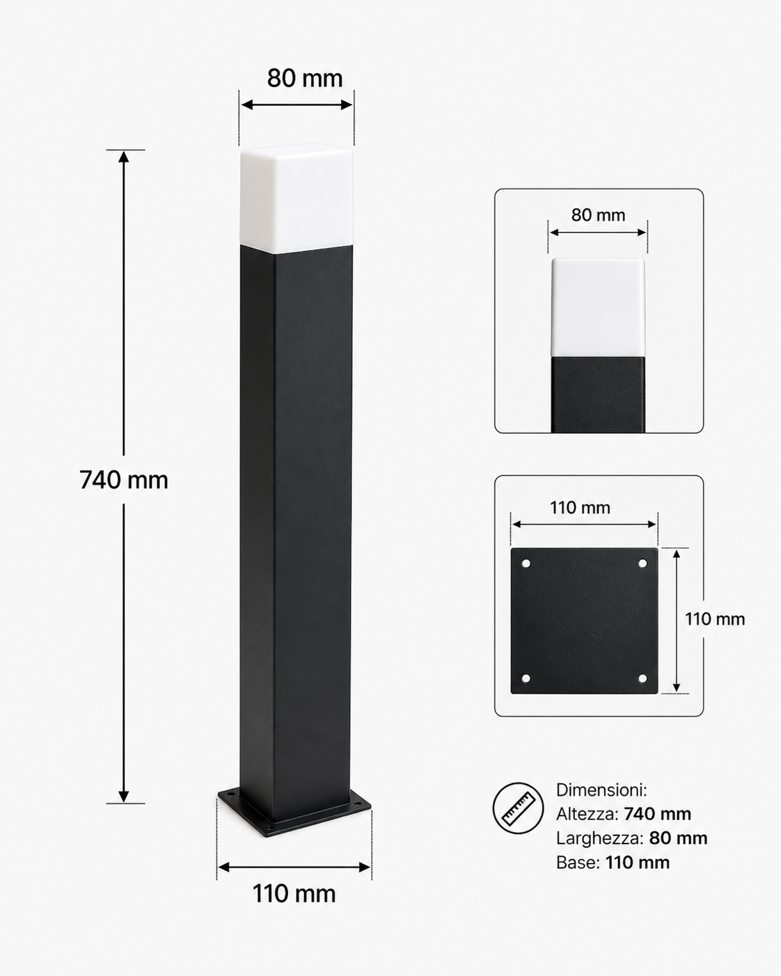 Lampioncino da Giardino E27 Nero 74 cm Paletto Luce Esterno Moderno per Vialetti e Ingressi Attacco E27 Alluminio Diffusore Opaco IP44
