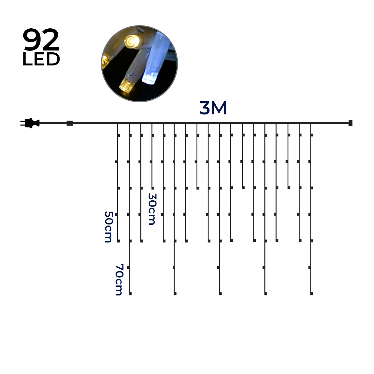Tenda Luminosa Natalizia professionale 3 metri Stalattiti con 92 LED con Flash per Interno ed Esterno IP67 prolungabile Luce calda  - Luce fredda