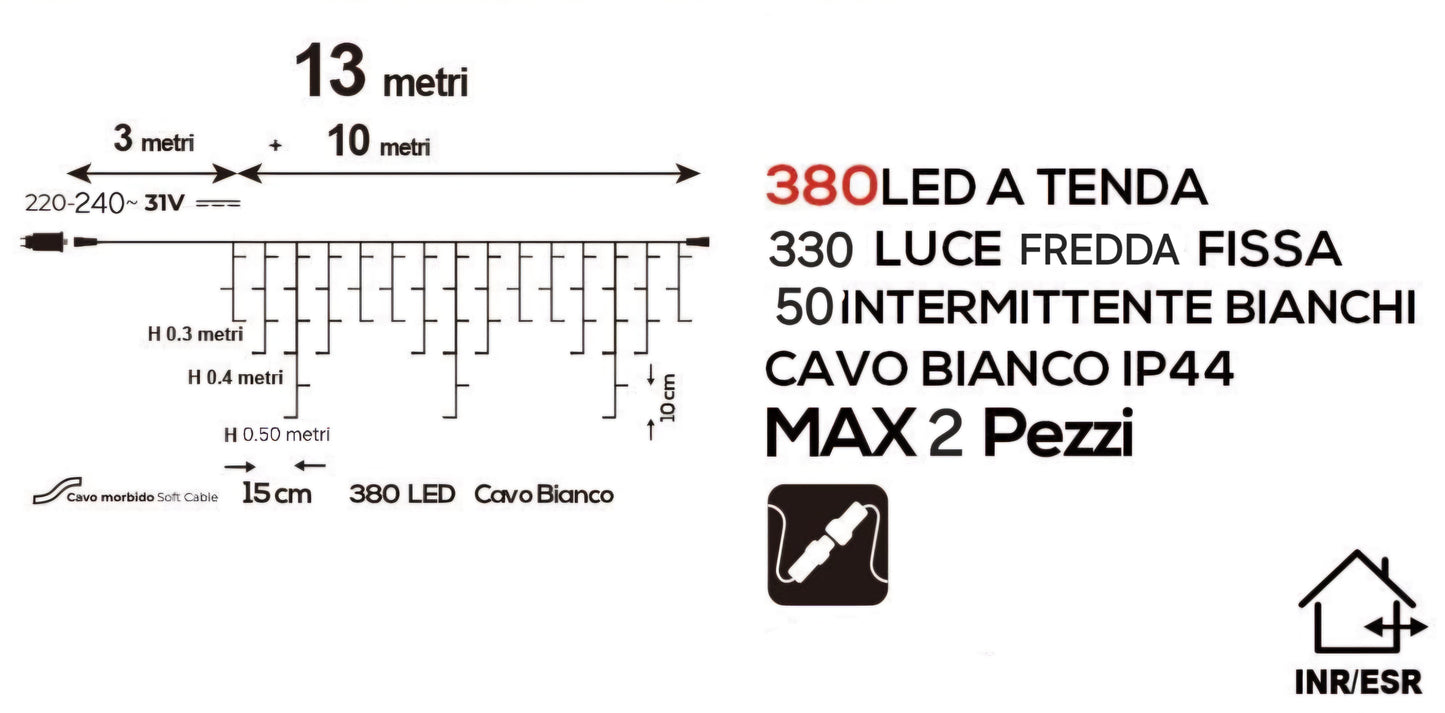 Tenda Luminosa Natalizia 6 metri Stalattiti a LED 380 Luci Bianco freddo o  Bianco Caldo + Flash Bianco Freddo per Interno ed Esterno IP44