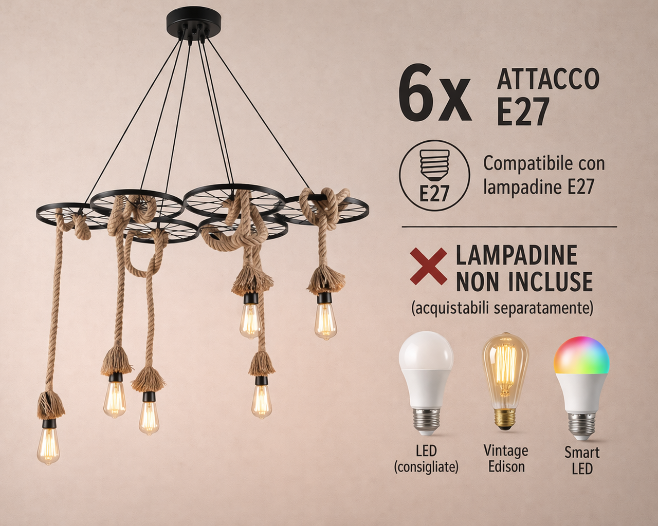 Lampadario Rustico Industriale a Sospensione 6 Luci con Corde in Canapa Attacco E27 Struttura in Metallo Nero Stile Vintage per Soggiorno Sala da Pranzo Locale