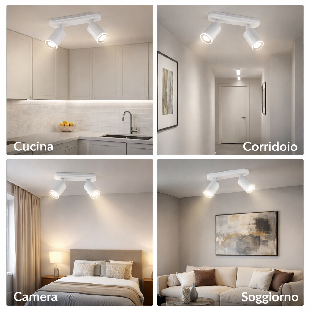 Faretto a Soffitto 2 Luci Orientabili GU10 in Alluminio Bianco, Plafoniera Spot Doppio Cilindrico per Interno, Portalampada GU10 per Cucina Corridoio Camera Soggiorno, Lampadine non incluse (Copia)