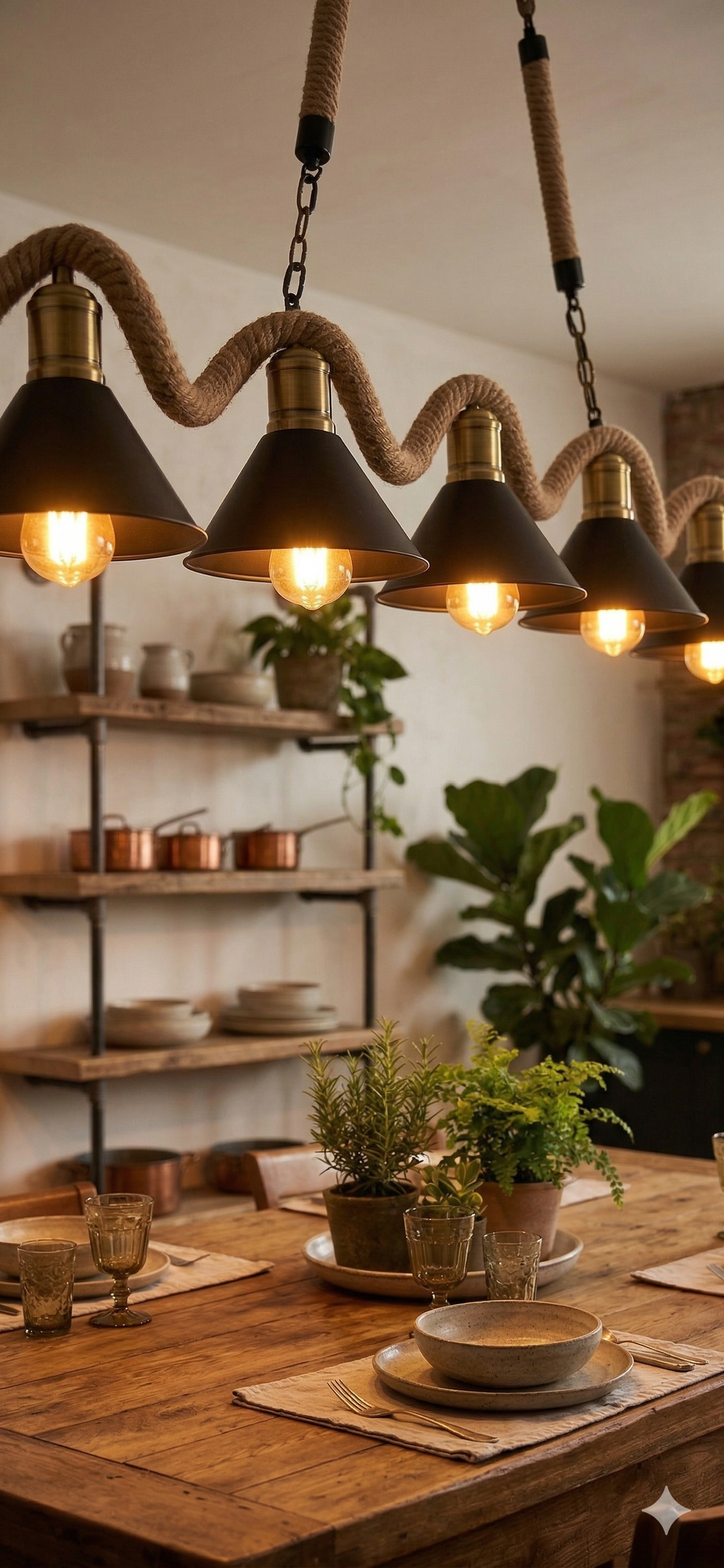 Lampadario a Sospensione 5 Luci Stile Industriale con Corda in Canapa, Attacco E27 (lampadine non incluse), Paralumi Metallo Nero e Ottone, Lampadario Rustico per Cucina Sala da Pranzo Pub