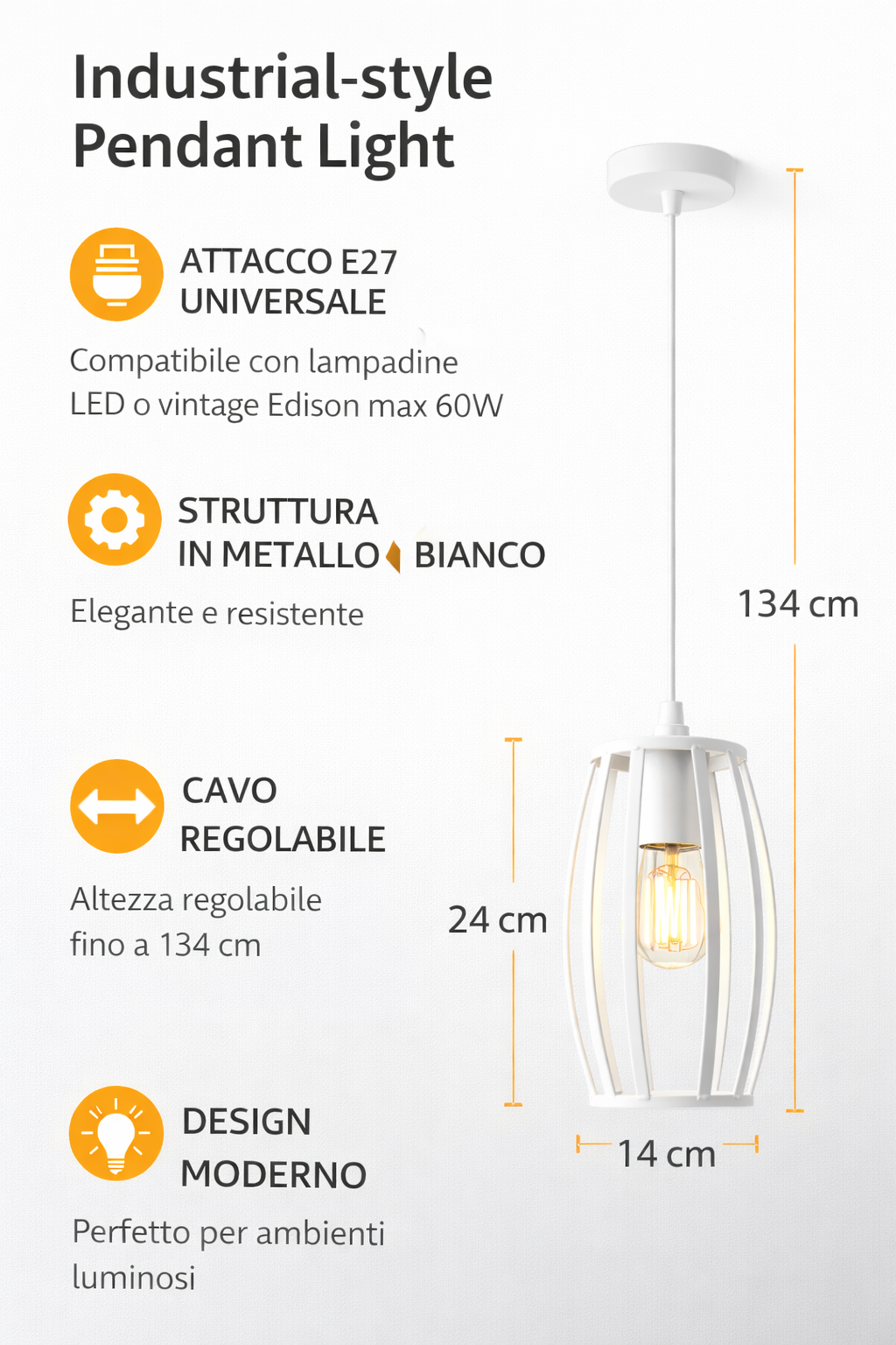 Lampadario Industriale a Sospensione E27 Bianco in Metallo, Gabbia Vintage, Lampada a Soffitto per Cucina Isola Soggiorno Ristorante, Lampadina Non Inclusa