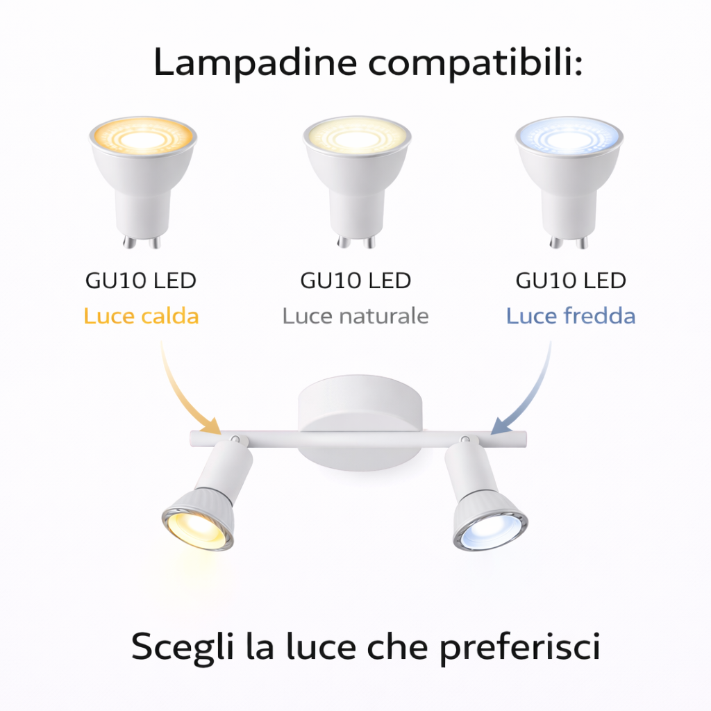 Faretto Soffitto 2 Luci GU10 Orientabili in Metallo, Plafoniera Spot Direzionabili, Lampada da Soffitto Moderna per Corridoio Cucina Soggiorno, Bianco, Lampadine Non Incluse