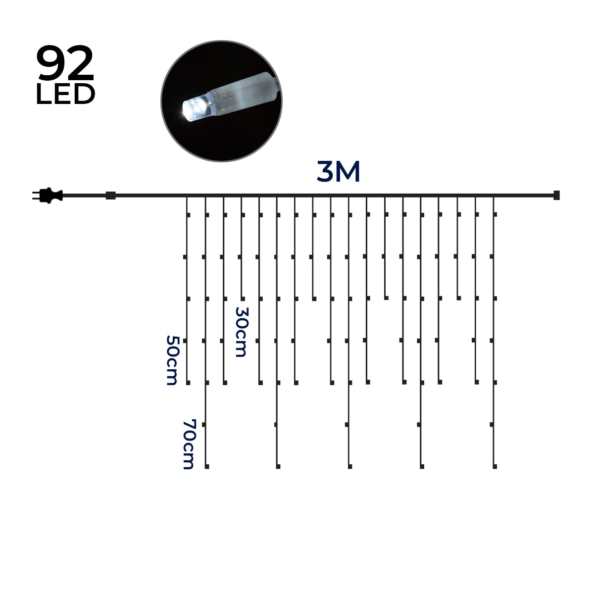 Tenda Luminosa Natalizia professionale 3 metri Stalattiti con 92 LED con Flash per Interno ed Esterno IP67 prolungabile Luce calda  - Luce fredda