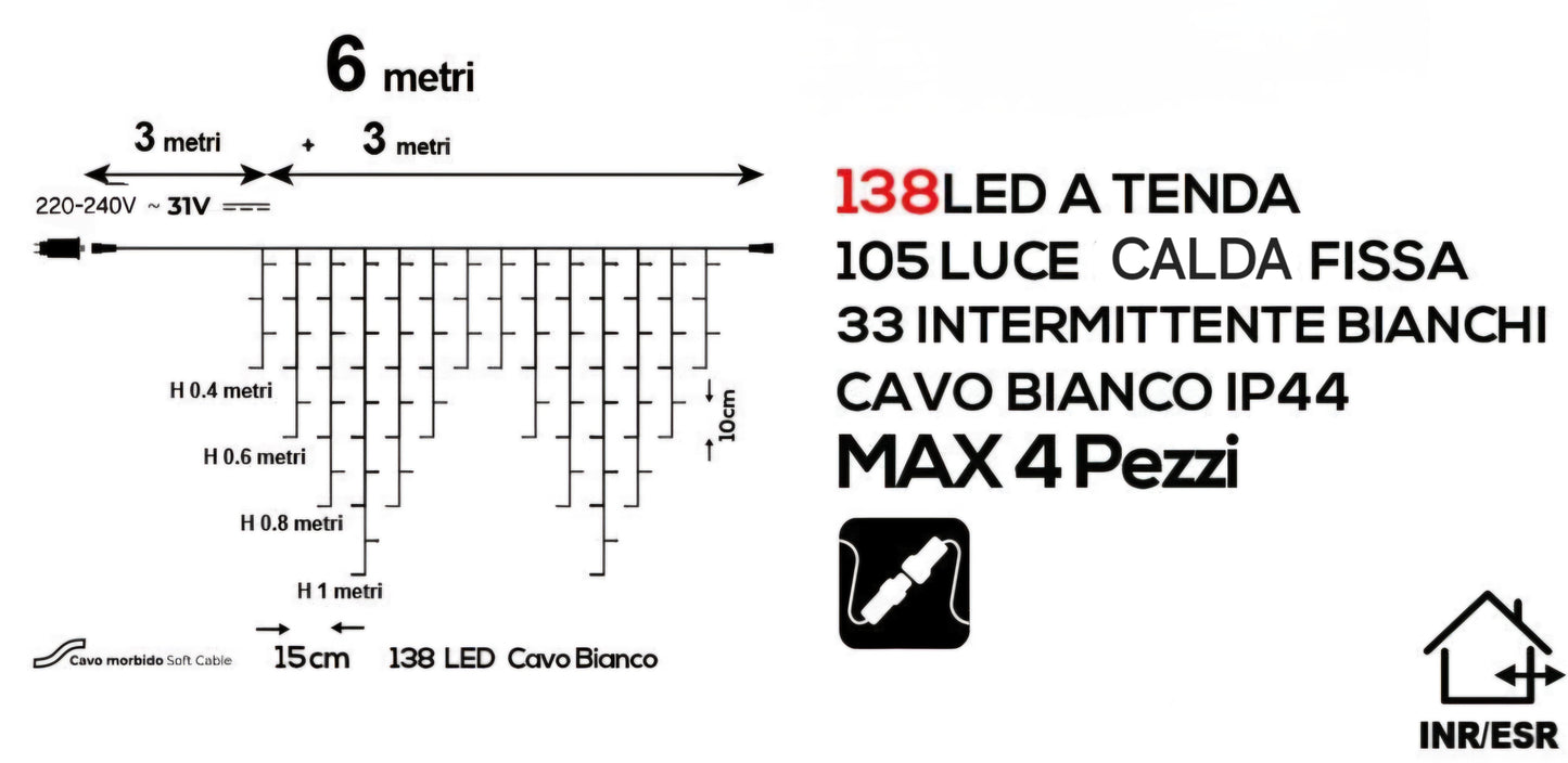 Tenda Luminosa Natalizia Stalattiti a LED 138 Luci Bianco freddo o Caldo + Flash Bianco Freddo per Interno ed Esterno IP44
