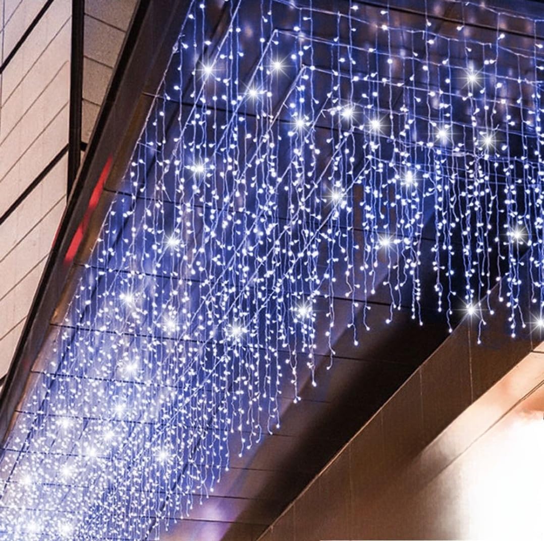 Tenda Luminosa Natalizia 3 x 1 metri Stalattiti a 200 LED Luci calde, blu o fredde + led intermittenti Bianco Freddo per Interno ed Esterno IP44