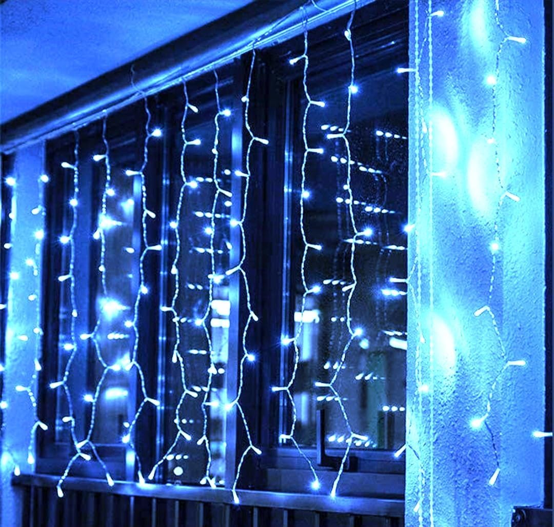 Tenda Luminosa Natalizia 3 x 1 metri Stalattiti a 200 LED Luci calde, blu o fredde + led intermittenti Bianco Freddo per Interno ed Esterno IP44